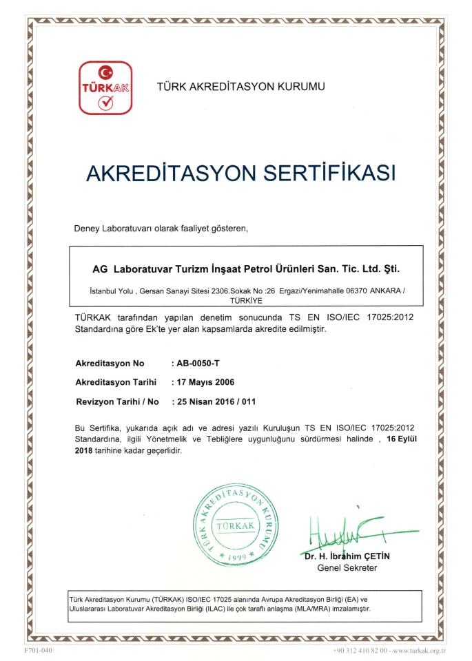 Türkak Birinci Gözetim Akreditasyon Sertifikası